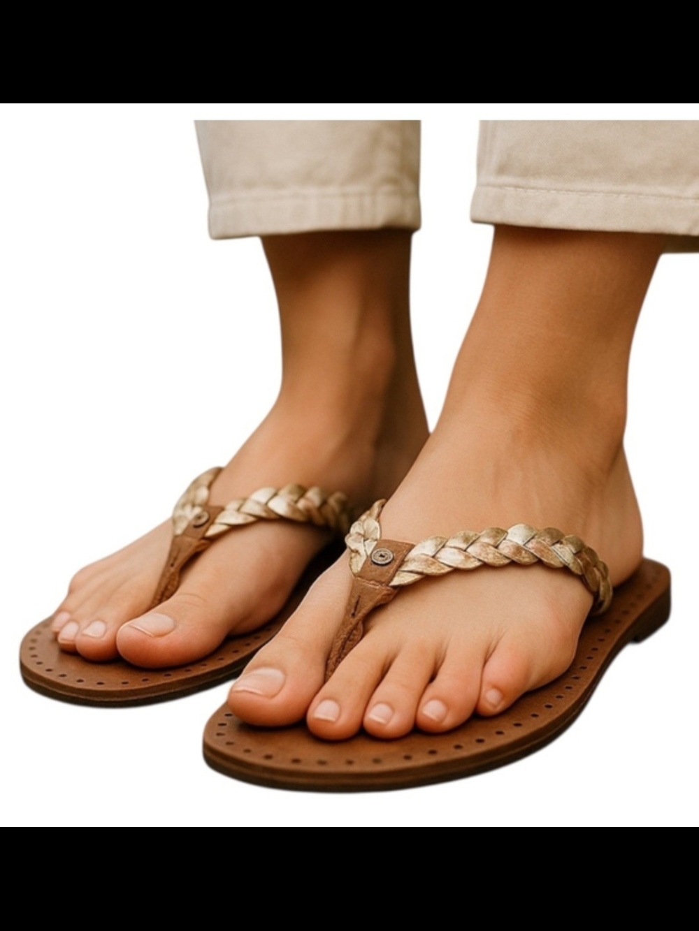 Ugg Navie Womens Braided Metallic /Tan Flip Flop Sandals Size 9